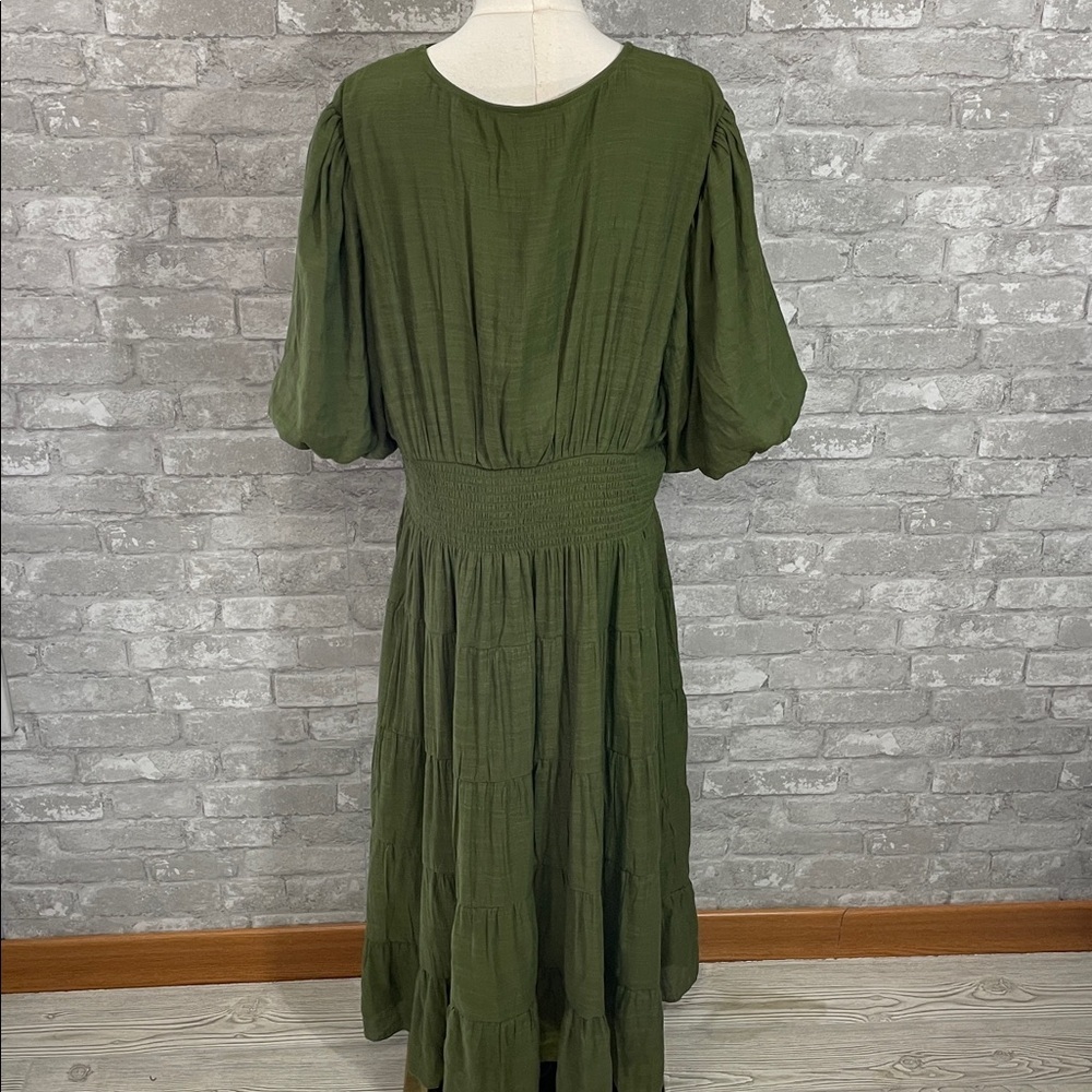 Olive Green Midi Dress with Smocked Waist - Picture 5 of 7